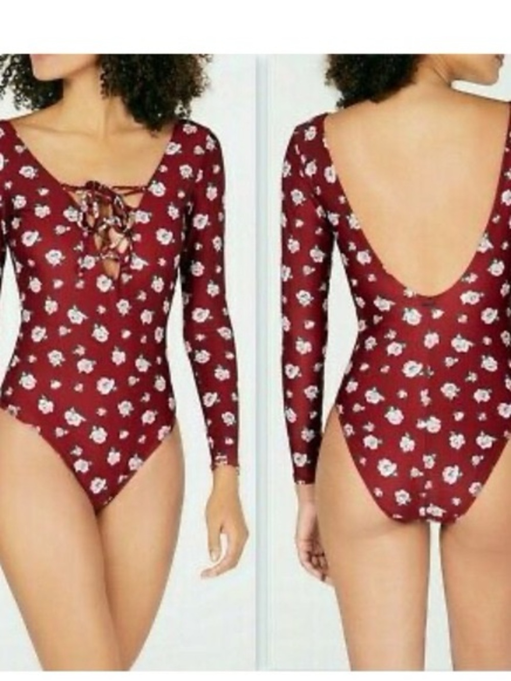 Volcom Long Sleeve Lace Front Bodysuit Swimsuit Maroon Pink Roses NWT Medium